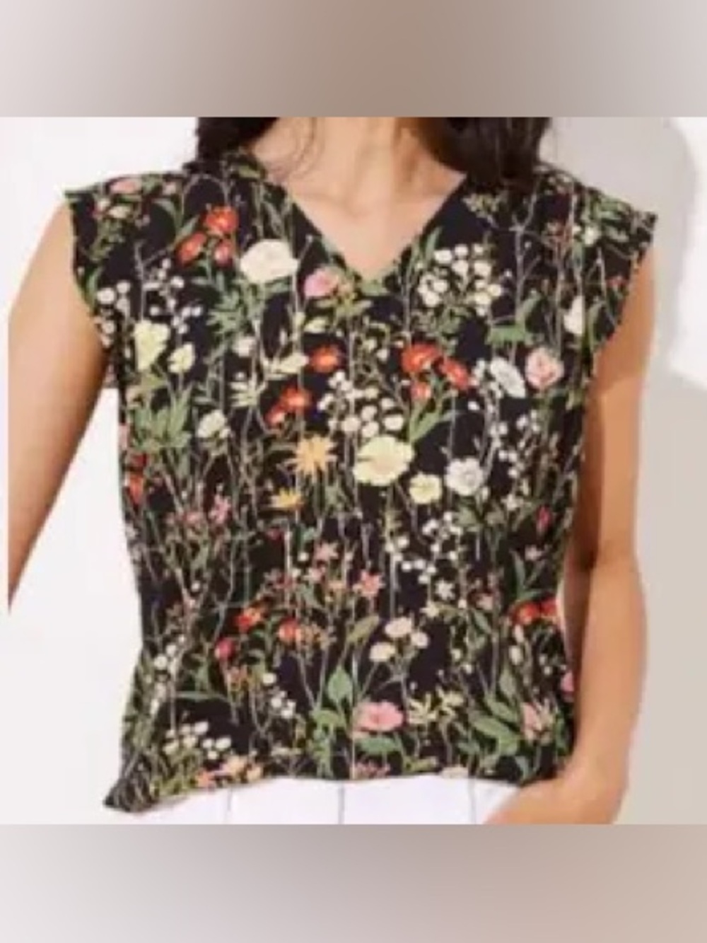Loft Floral V-Neck Sleeveless Blouse Top Black